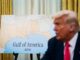 Президент США Дональд Трамп выступает рядом с плакатом с изображением Мексиканского залива, который был переименован им в Американский залив, в Овальном кабинете Белого дома в Вашингтоне, округ Колумбия, США, в четверг, 6 марта 2025 года. Фото: Reuters